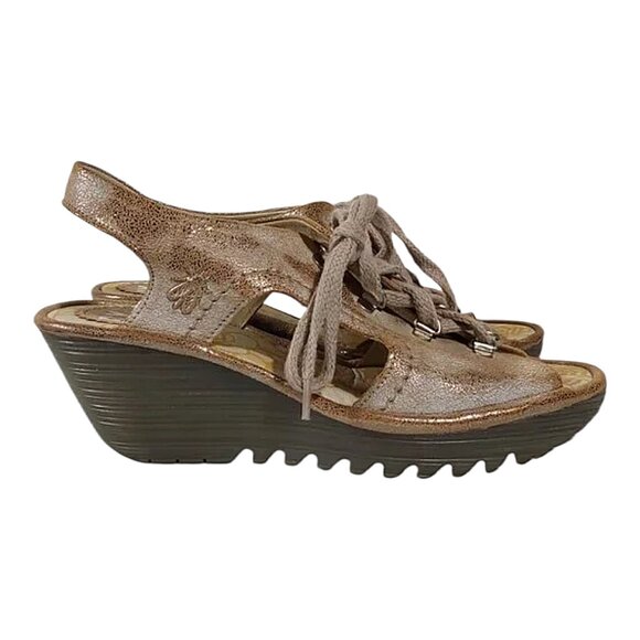 Fly London Yifa Leather Lace-up Wedge Sandals Metallic Taupe Good Cond - 39 - Picture 4 of 10
